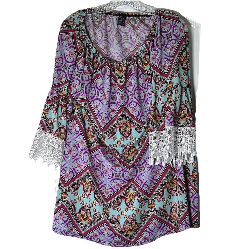 WinWin Tunic Womens L- XL Boho  Geometric Print Lace‎ Sleeve Top Festival Flowy
